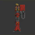 Red And Yellow Detailed Robot Model Standing On Black Base With Mechanical Design