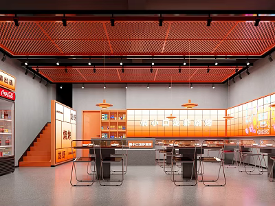 Modern Restaurant Interior With Orange Ceiling Grid Pendant Lights And Open Dining Tables Layout 3d model