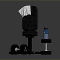 Black Fitness Exercise Bench With White Towel Black Dumbbells And Blue Water Bottle