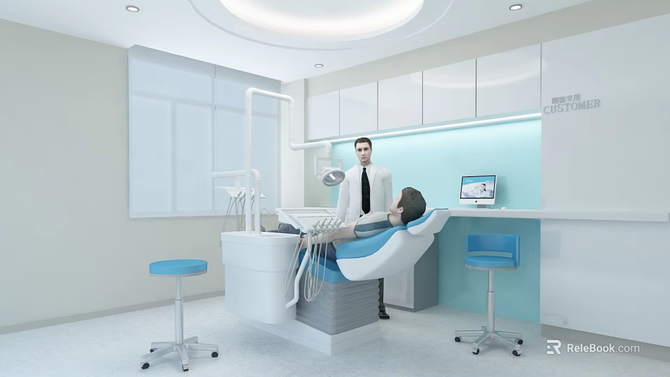 Modern Dental Clinic Interior With Dental Chair Dentist Patient And Medical Equipment 3d model 
