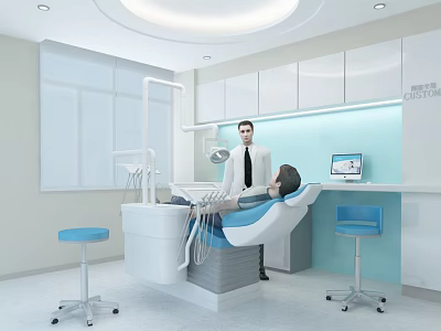 Modern Dental Clinic Interior With Dental Chair Dentist Patient And Medical Equipment 3d model