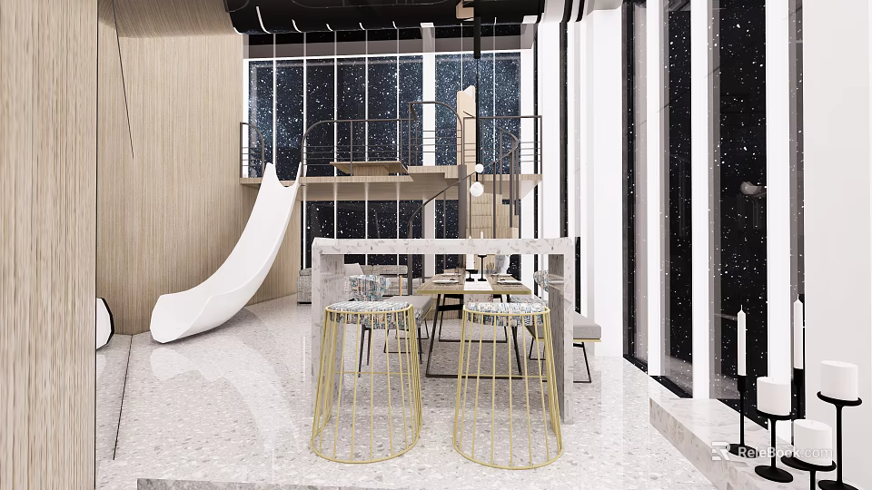 Duplex Living Room Interior With Slide Large Windows And Golden Metal Stools 3d model 
