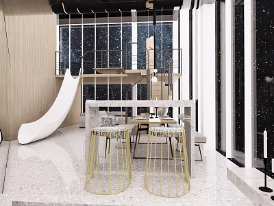 Duplex Living Room Interior With Slide Large Windows And Golden Metal Stools 3d model