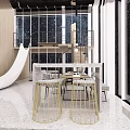 Duplex Living Room Interior With Slide Large Windows And Golden Metal Stools