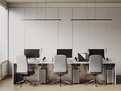 Modern Office Desks Interior Design With Ergonomic Chairs Computer Monitors And Hanging Lights 3d model