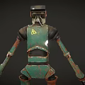 Green Rusted Robot With Blue Head Logo And Blue Star On Mechanical Body