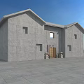 Traditional Entrance Gate With Gray Wall Wooden Door Stone Lanterns And Stone Paved Ground
