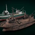 Two Vintage Fishing Boats With Green Brown Hulls And Deck Equipment