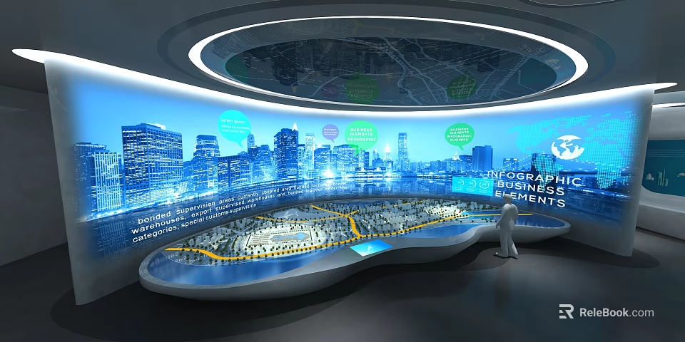 Modern Exhibition Hall With Curved Screen City Map Buildings Information Tags And Urban Model Person 3d model 