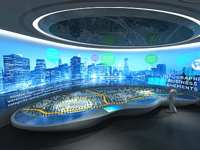 Modern Exhibition Hall With Curved Screen City Map Buildings Information Tags And Urban Model Person 3d model