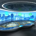 Modern Exhibition Hall With Curved Screen City Map Buildings Information Tags And Urban Model Person