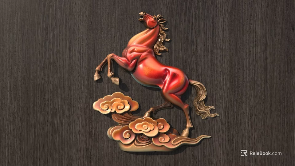 Wall Decor Rearing Red Horse Sculpture With Cloud Patterns On Dark Background 3d model