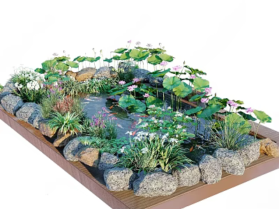 Natural Water Fountain with Lotus Flowers Lily Pads Rocks and Aquatic Plants 3d model