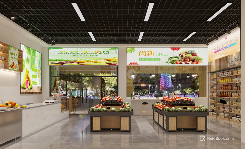 Modern Fruit Store Interior Design With Fresh Fruit Display Stands And Bright Overhead Lights 3d model 