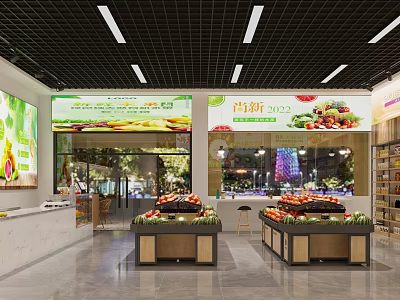 Modern Fruit Store Interior Design With Fresh Fruit Display Stands And Bright Overhead Lights 3d model