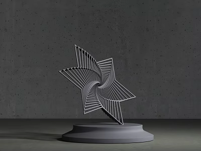 Star Shaped Sculpture Carving with Spiral Lines on Round Pedestal Against Gray Concrete Background 3d model