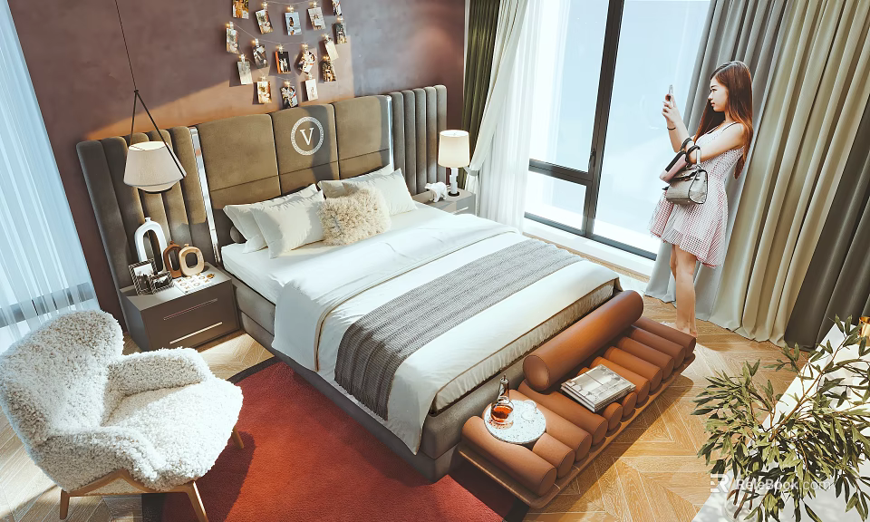 Double Bed with Headboard Decor Nightstand Lamp and Sofa in Bright Bedroom with Window 3d model 