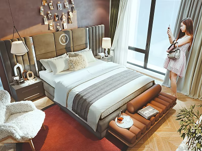 Double Bed with Headboard Decor Nightstand Lamp and Sofa in Bright Bedroom with Window 3d model