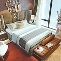 Double Bed with Headboard Decor Nightstand Lamp and Sofa in Bright Bedroom with Window
