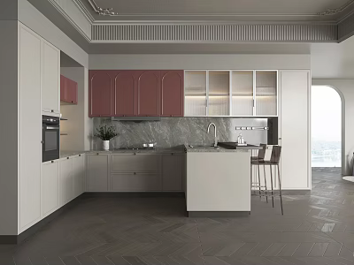 Modern Kitchen With Pink Light Cabinets Marble Backsplash And Island 3d model