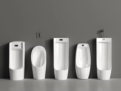 Modern White Urinals With Various Designs Against Gray Wall And Floor 3d model