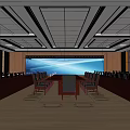 Spacious Conference Room Interior With Long Table Chairs Large Screen And Ceiling Lights