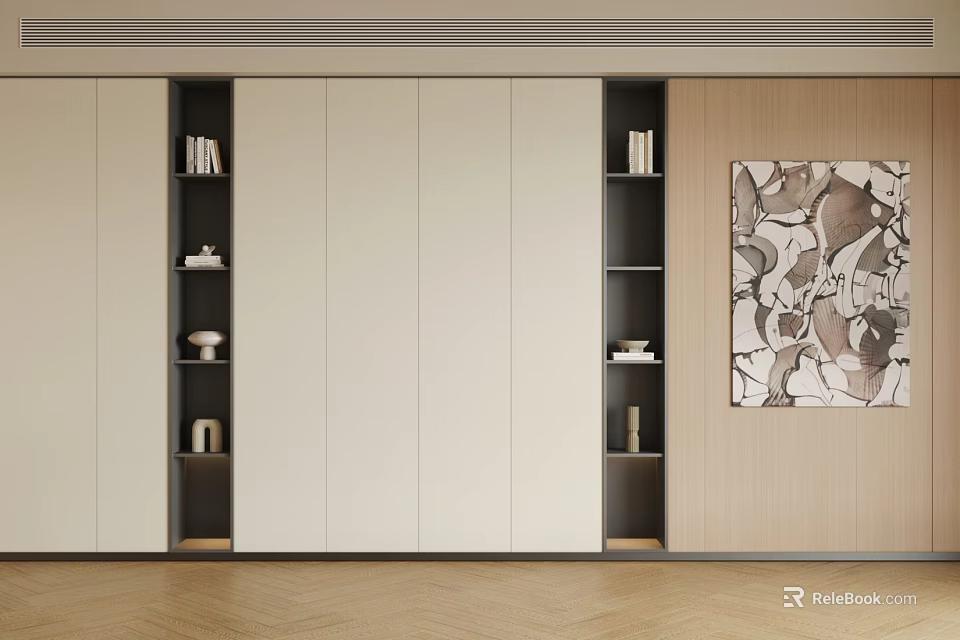 Elegant Modern Bookcase Interior Design With Open Shelves And Decorative Items 3d model