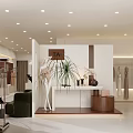 Modern Clothing Store Interior With Reception Desk Pendant Light Green Plants And Display Shelves