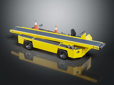 Yellow Construction Flatbed Vehicle With Traffic Cones And Black Seat 3d model