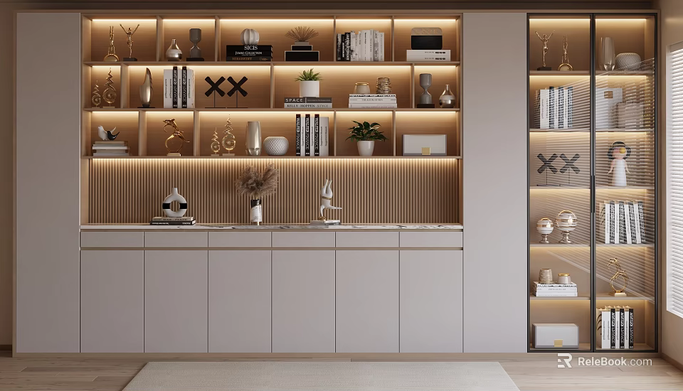 Modern Decorative Cabinet With Wooden Panel Backdrop Ornaments Books And LED Strip Lighting 3d model 