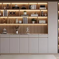 Modern Decorative Cabinet With Wooden Panel Backdrop Ornaments Books And LED Strip Lighting