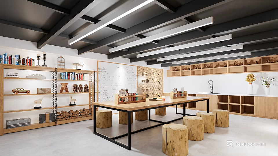 Book Art Studio Interior with Wooden Bookshelves Long Table Stools Black Beams White Strip Lights 3d model 