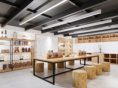 Book Art Studio Interior with Wooden Bookshelves Long Table Stools Black Beams White Strip Lights 3d model