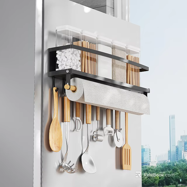 Wall Mounted Spice Jars Rack with Kitchen Utensils and Paper Towel Holder 3d model 