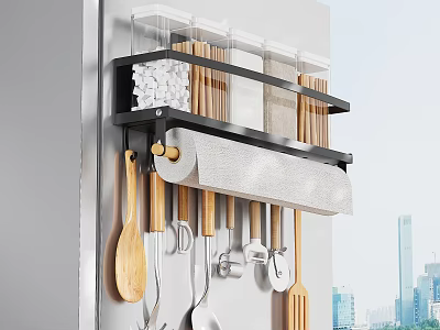 Wall Mounted Spice Jars Rack with Kitchen Utensils and Paper Towel Holder 3d model