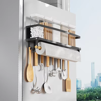 Wall Mounted Spice Jars Rack with Kitchen Utensils and Paper Towel Holder 3d model