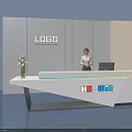 Modern Exhibition Reception Desk With White Wall Logo Staff Flower Vase And Computer