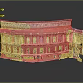 Vintage Red Building Model Featuring Ornate Windows And Arched Entrance