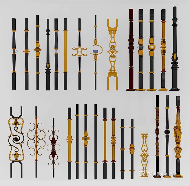 Decorative Railing With Various Ornamental Designs And Gold Black Brown Color Options 3d model 