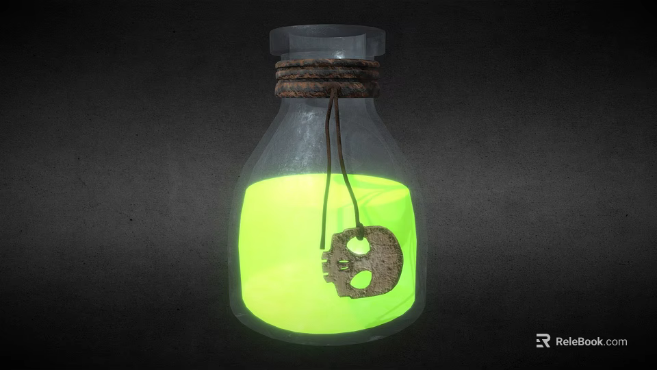 Mysterious Glass Bottle With Glowing Green Liquid And Rope Tied Skull Pendant 3d model 