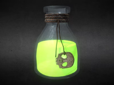 Mysterious Glass Bottle With Glowing Green Liquid And Rope Tied Skull Pendant 3d model