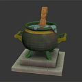 Stylish Dark Cauldron With Orange Handles Blue Liquid And Wooden Spoon On Stone Base