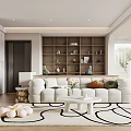 Modern Dining Living Room Interior With White Cabinets Island Counter Arched Doorway And Wooden Flooring