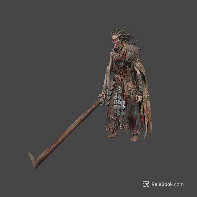 Dark Fantasy Creature Character In Tattered Worn Clothing Holding Massive Long Weapon With Ornate Decorations 3d model 