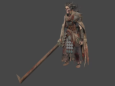 Dark Fantasy Creature Character In Tattered Worn Clothing Holding Massive Long Weapon With Ornate Decorations 3d model