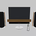 Contemporary TV Setup With Wooden Stand And Two Side Speakers For Home Entertainment