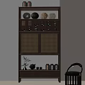 Wooden Tea Cabinet with Multiple Shelves Rattan Doors Tea Sets and Decorative Plates