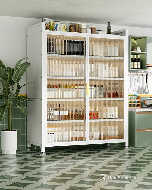 Modern White Kitchen Storage Cabinet with Glass Doors Organized Supplies Green Plant and Tile Wall 3d model 