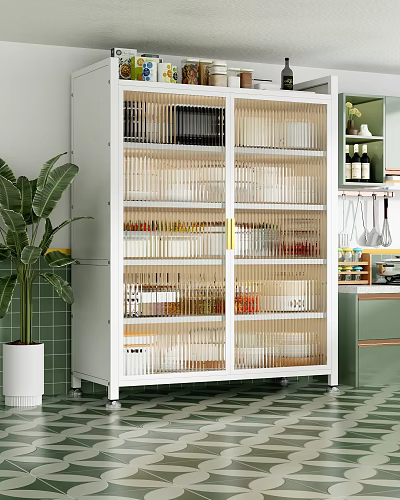 Modern White Kitchen Storage Cabinet with Glass Doors Organized Supplies Green Plant and Tile Wall 3d model