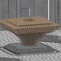 Modern Golden Stacked Cube Sculpture In Plaza With Gray Ground And Building